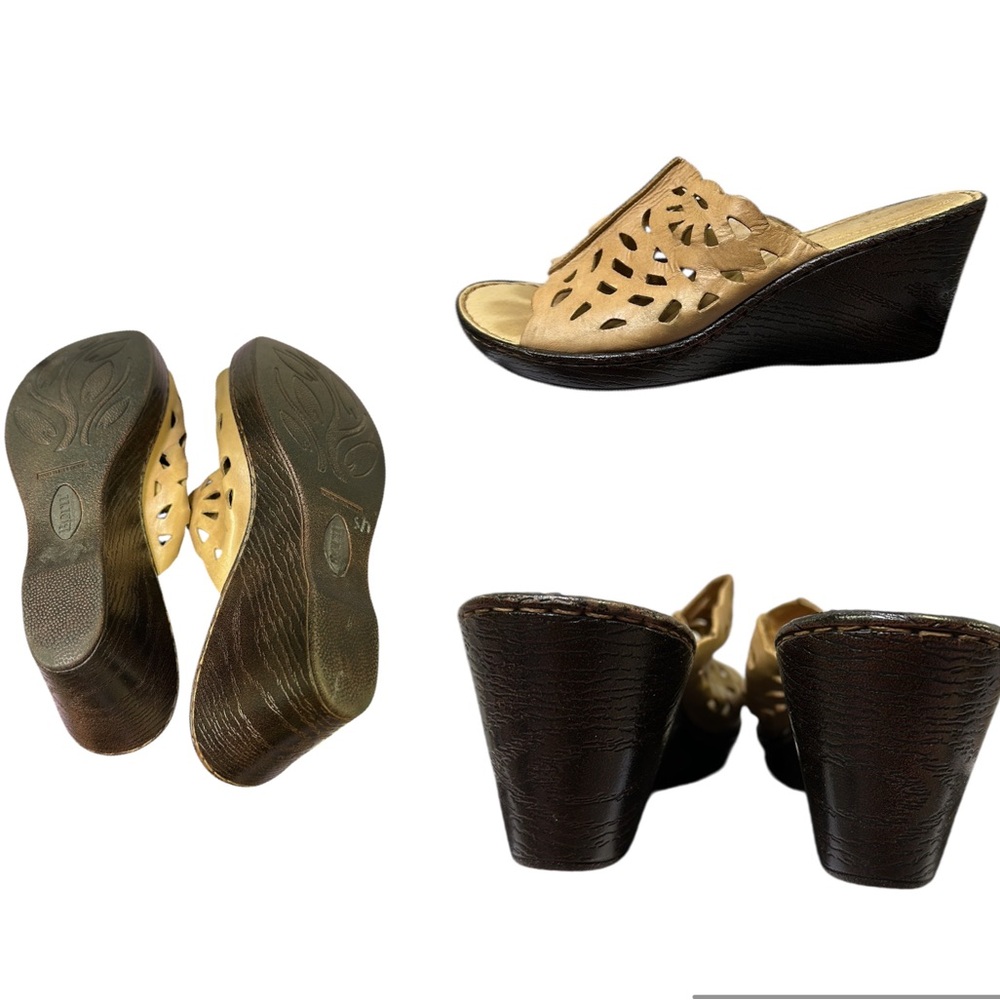 Born Slide Sandals Tan Brown Leather Open Toe Wedge Heel Laser Cut Womens 8 M